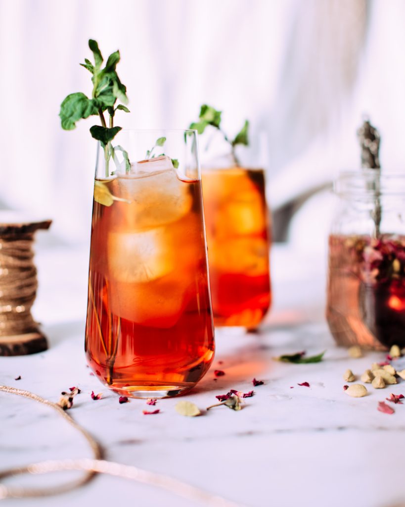 Glasses of iced tea with mint sprigs