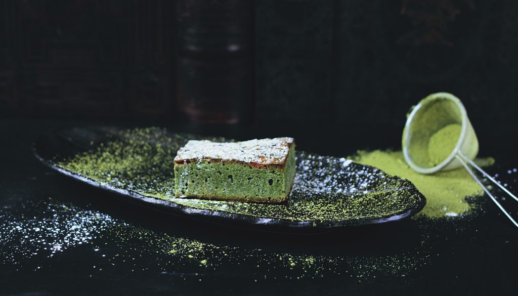 matcha green tea used in a slice of cake