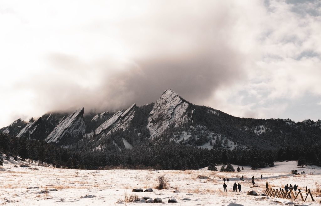 The Flatirons in Bouder, Colorado with snow.