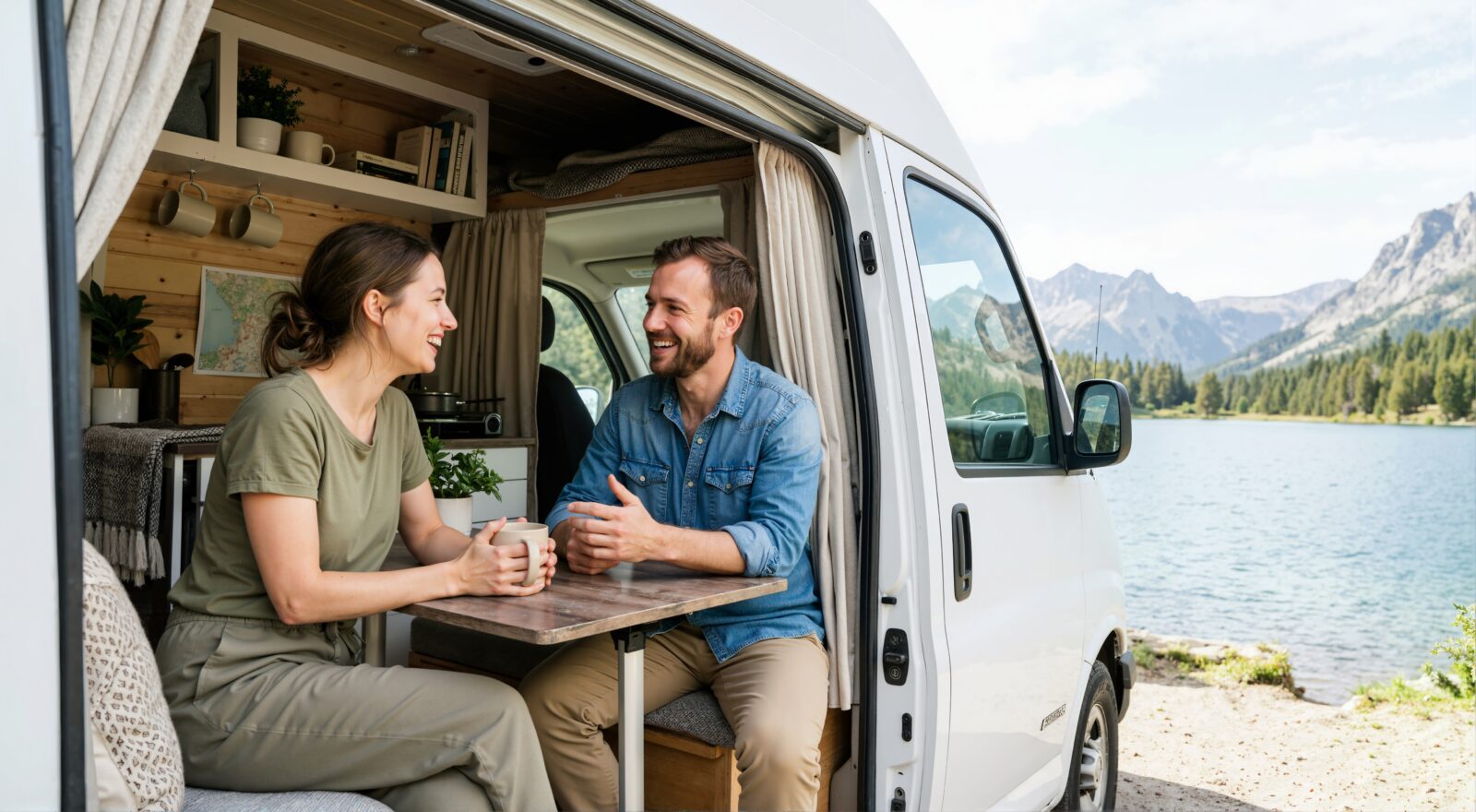 drinking road trip teas in a camper van in summer